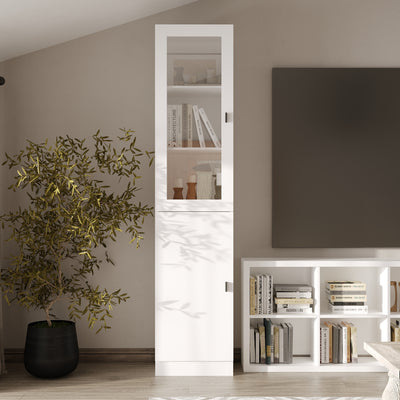 15.7" Modern White 5-Tier Slim Bookcase with Tempered Glass Door
