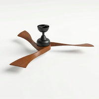 Ceiling fan with wooden blades and black hub on a white background