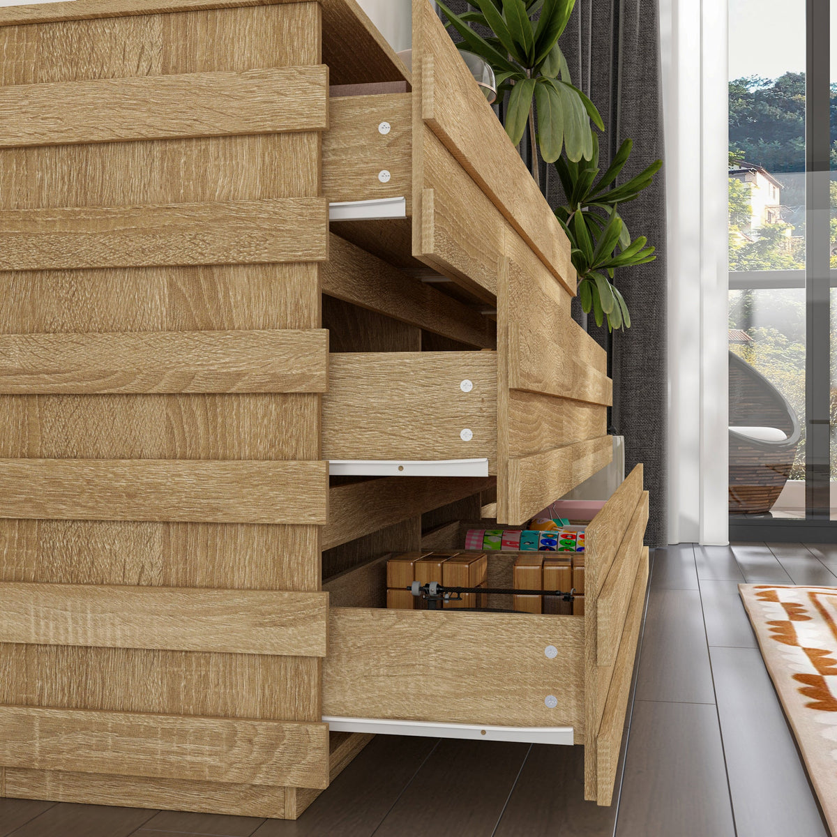 Wooden dresser with multiple drawers in a room with a plant and window