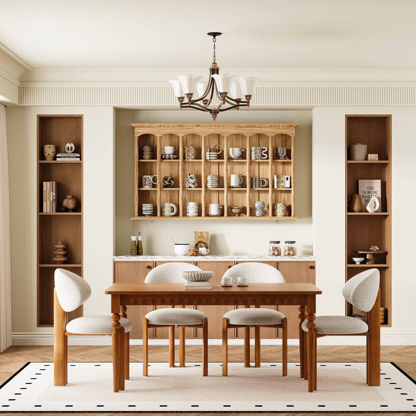 Wood wall cabinet with glass doors and open cubby shelves