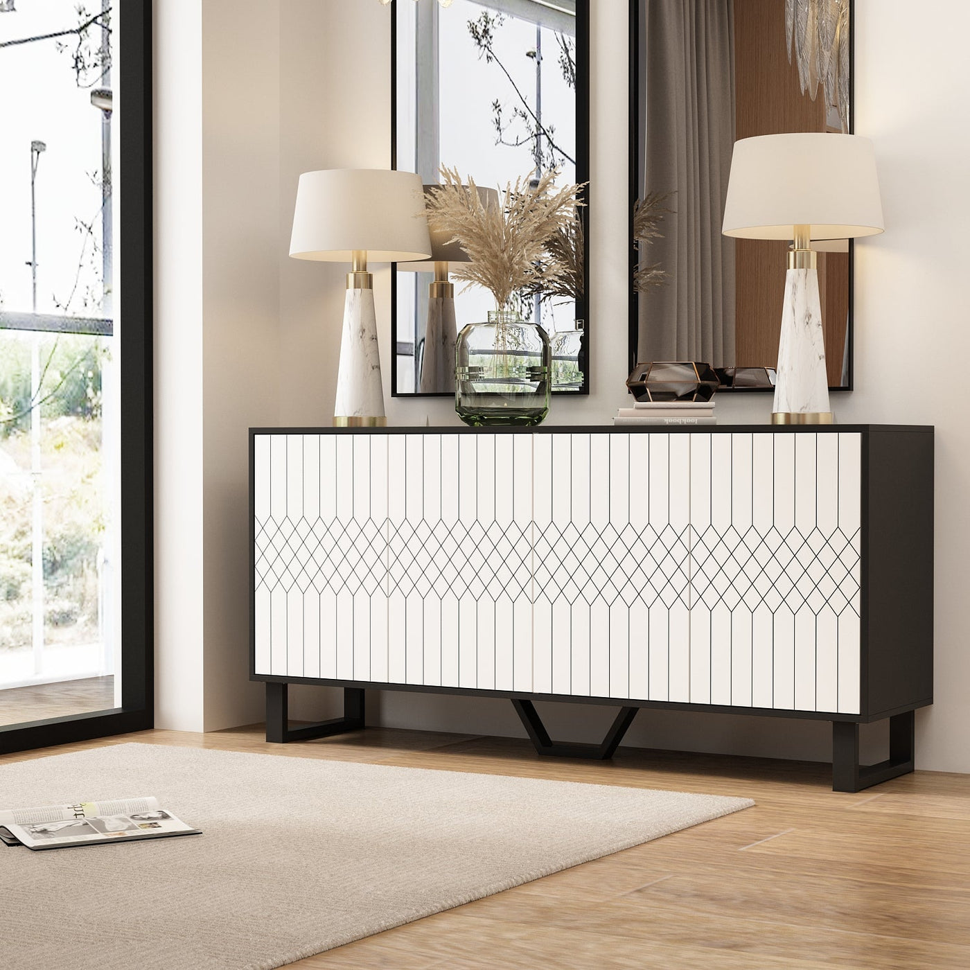 63" Modern Minimalist White 4-Door Storage Cabinet for Living Room and Entryway