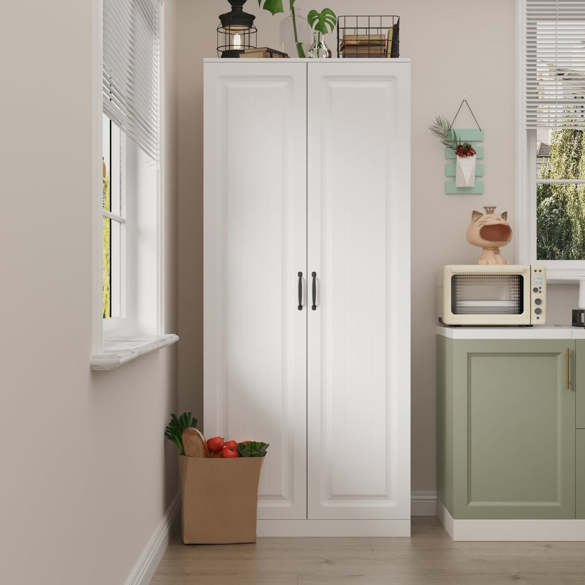 31.5" Modern White Kitchen Pantry with Rotating Food Storage Shelves, Adjustable Shelves, and Door-mounted Racks