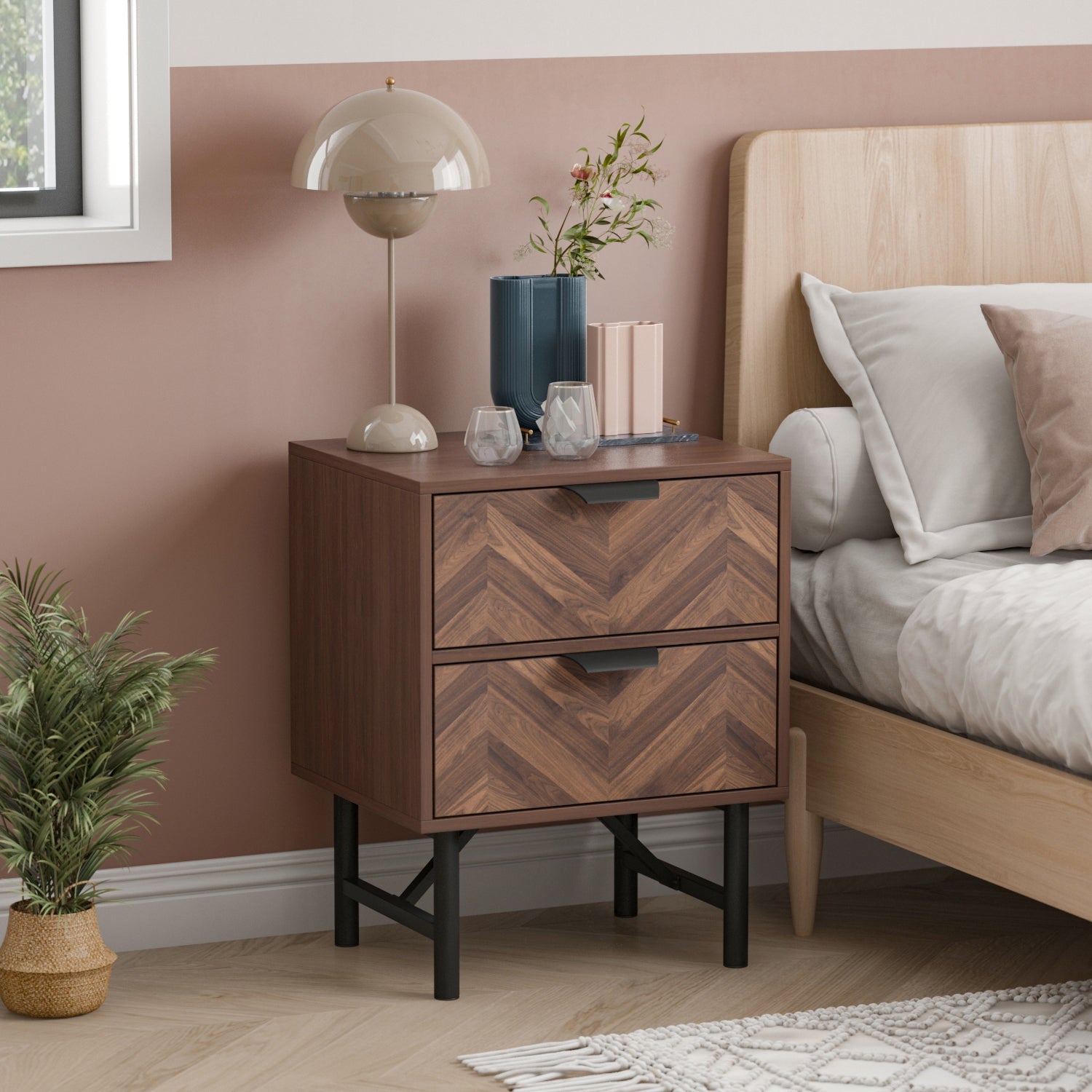 Rustic Bedside Table Wood Grain 2-Drawer Nightstand