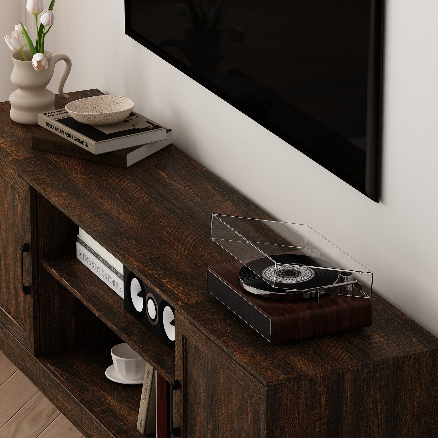 70.9" TV Stand With Adjustable Center Shelf, Black Metal Handles, And Dual Side Cabinets