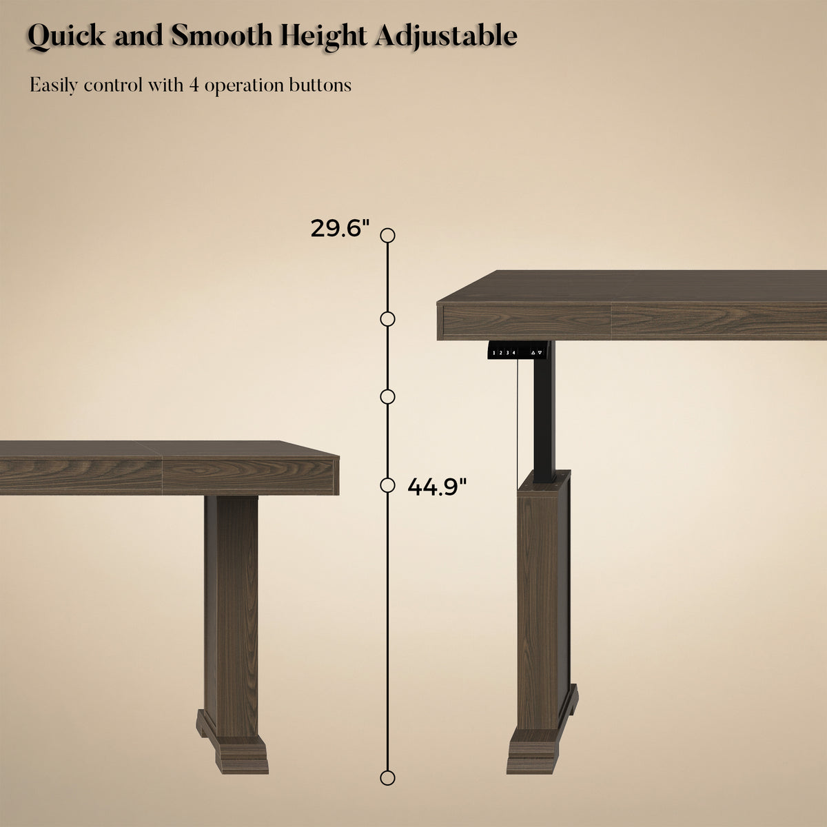 Dark wood standing desk with electric height adjustment and control panel