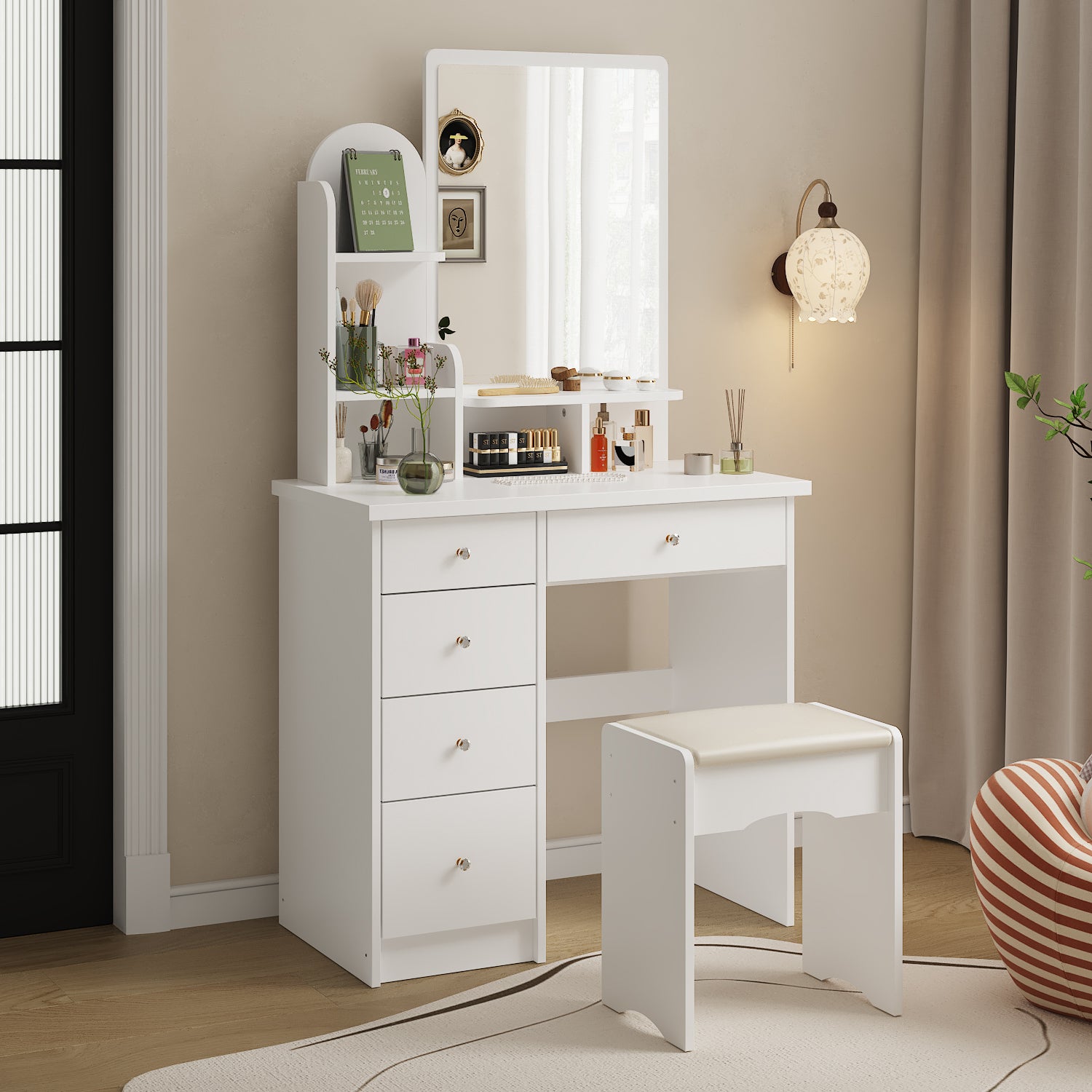 Modern Vanity Desk With Mirror, 5 Drawers, Shelves And Matching Stool, Makeup Dressing Table