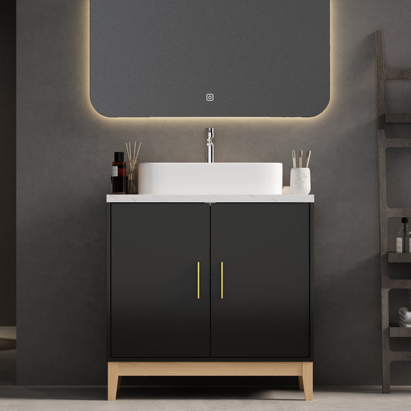 31.6" Modern Black Single Bathroom Vanity With Manufactured Wood Top And Interior Shelves