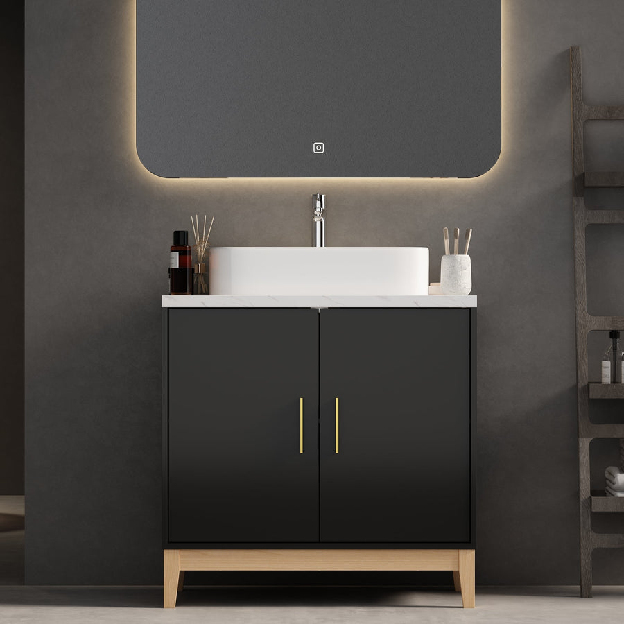 31.6" Modern Black Single Bathroom Vanity With Manufactured Wood Top And Interior Shelves