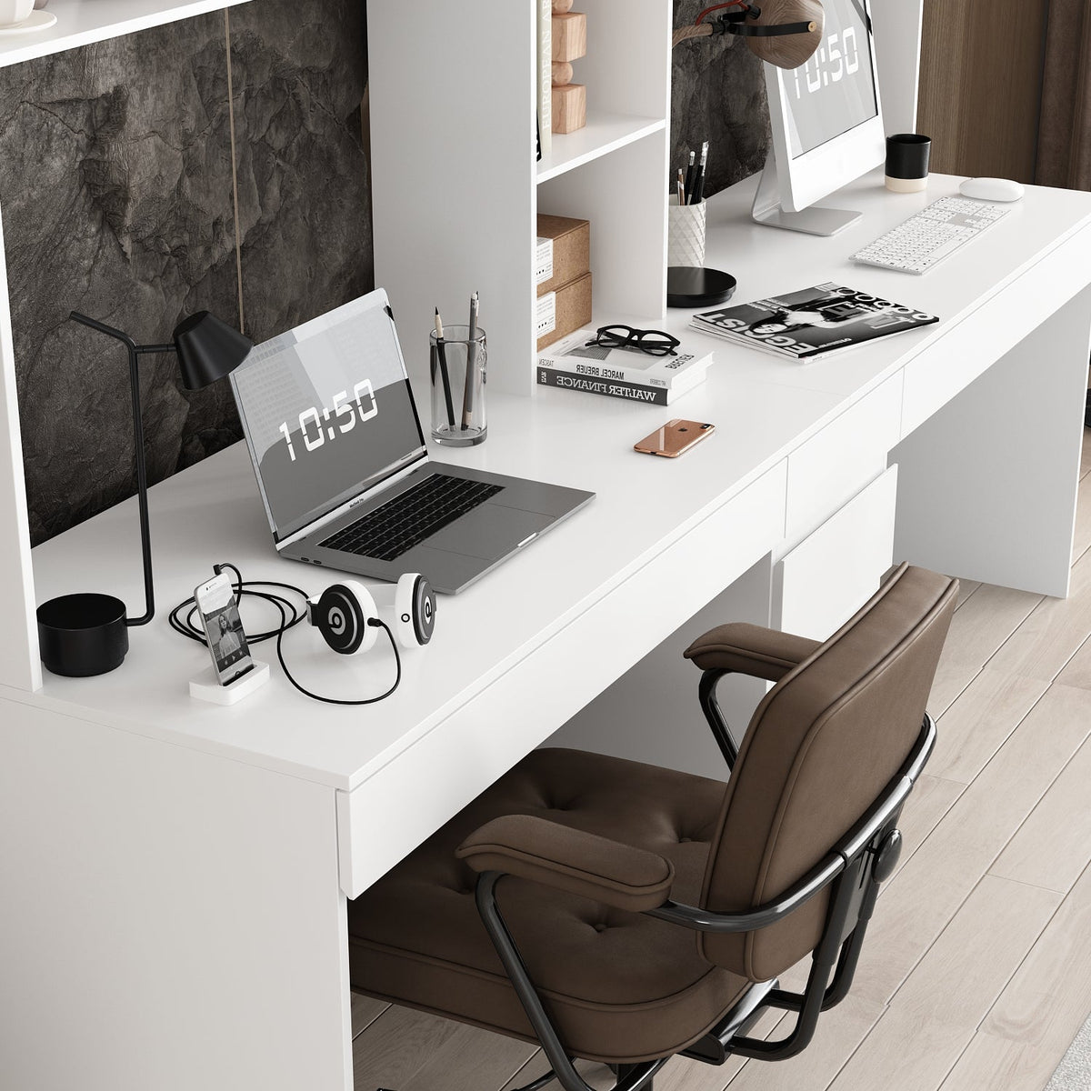 94.5" Modern White Desk with Hinged Doors and Pull-out Drawers