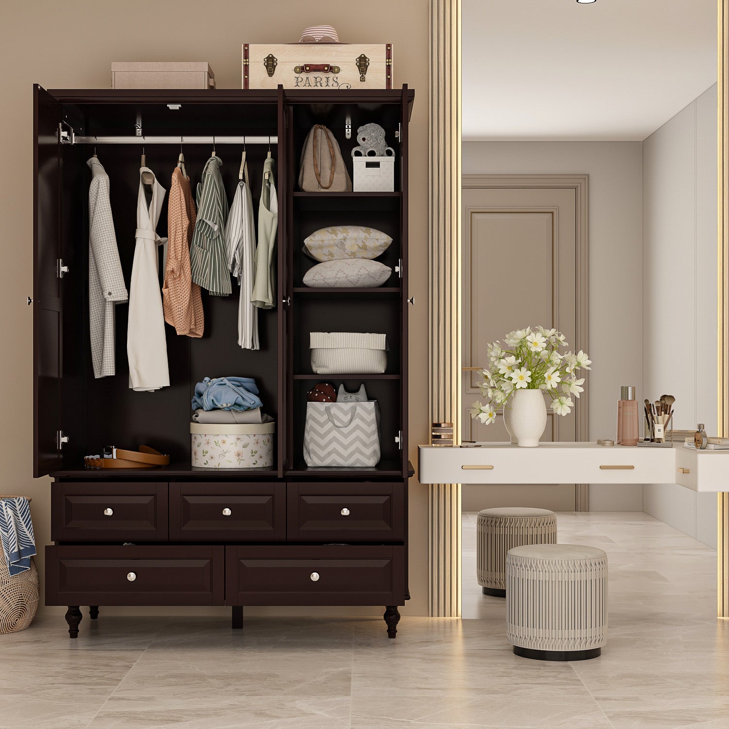 Large Armoire Closet Organizer Wardrobe with 3 Doors 5 Drawers