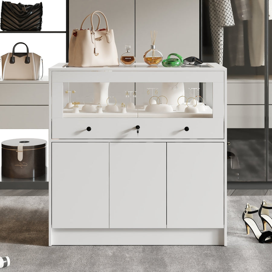 39.4" Modern Minimalist White Jewelry Display Cabinet With Lock And Tempered Glass