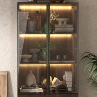 Geyma 31.5" Modern Brown Display Cabinet with Glass Doors, LED Lights and 3 Drawers