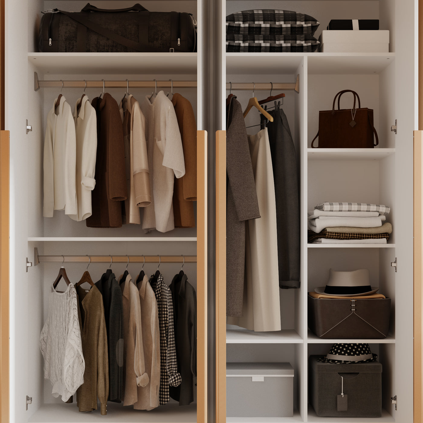 63" White High Gloss Engineered Wood 4-Door Bedroom Wardrobe with Long Gold Handles & Multi-Zone Clothing Storage