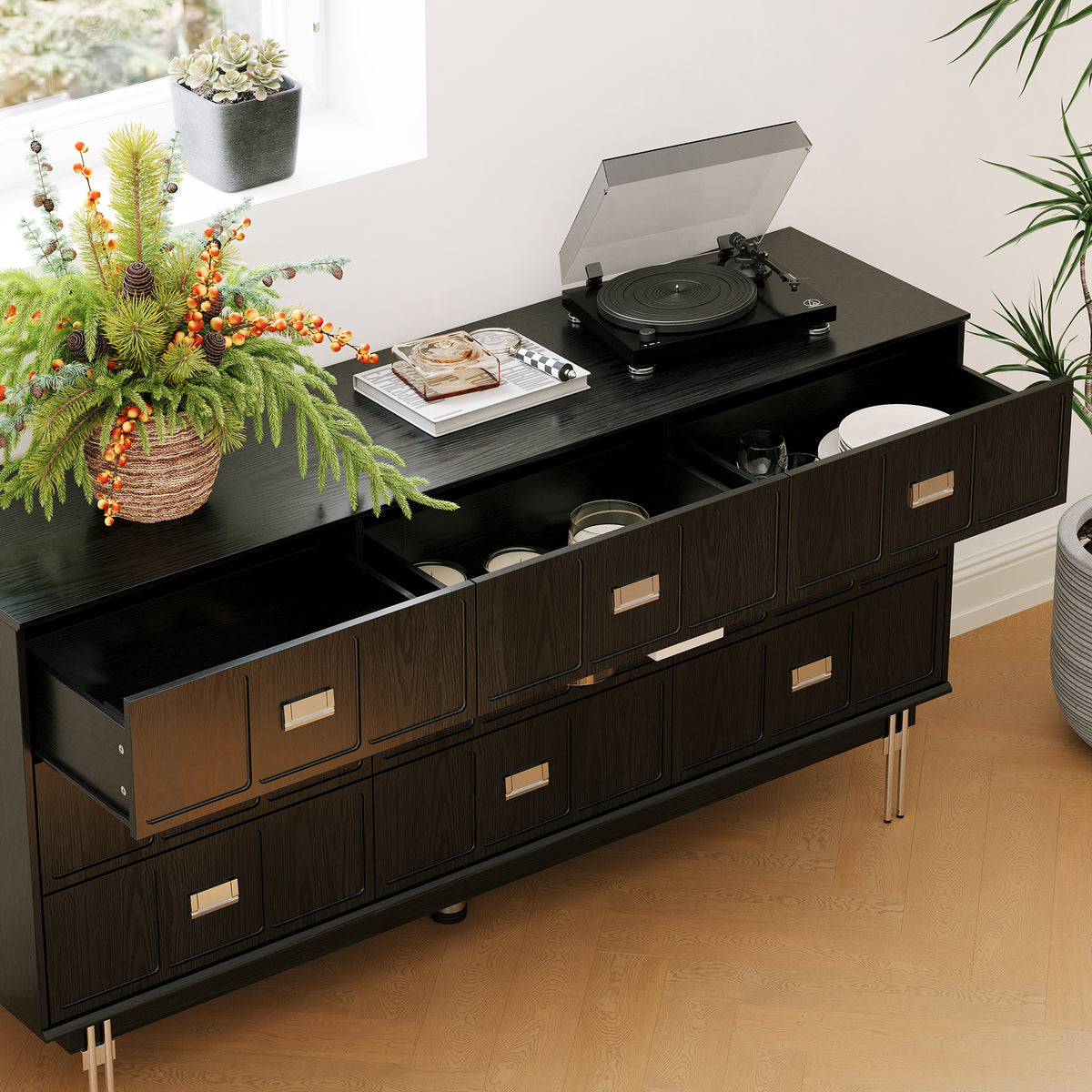 63" Modern Black Dresser with 9 Drawers, Metal Legs and Square Handles