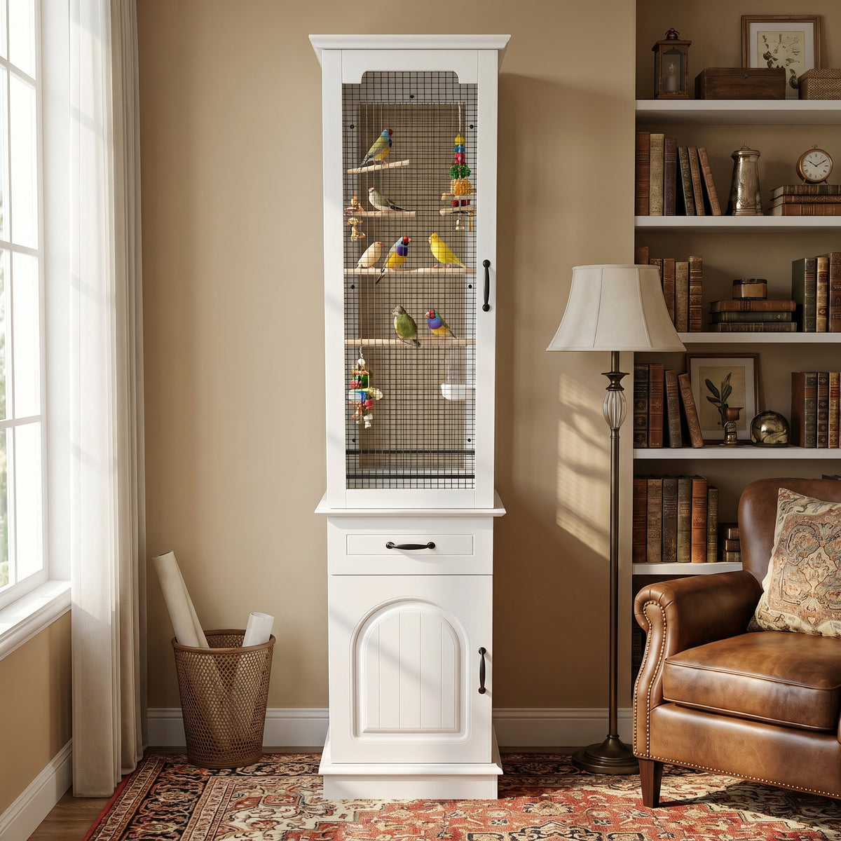 White birdcage with birds inside in a room with a bookshelf and chair.