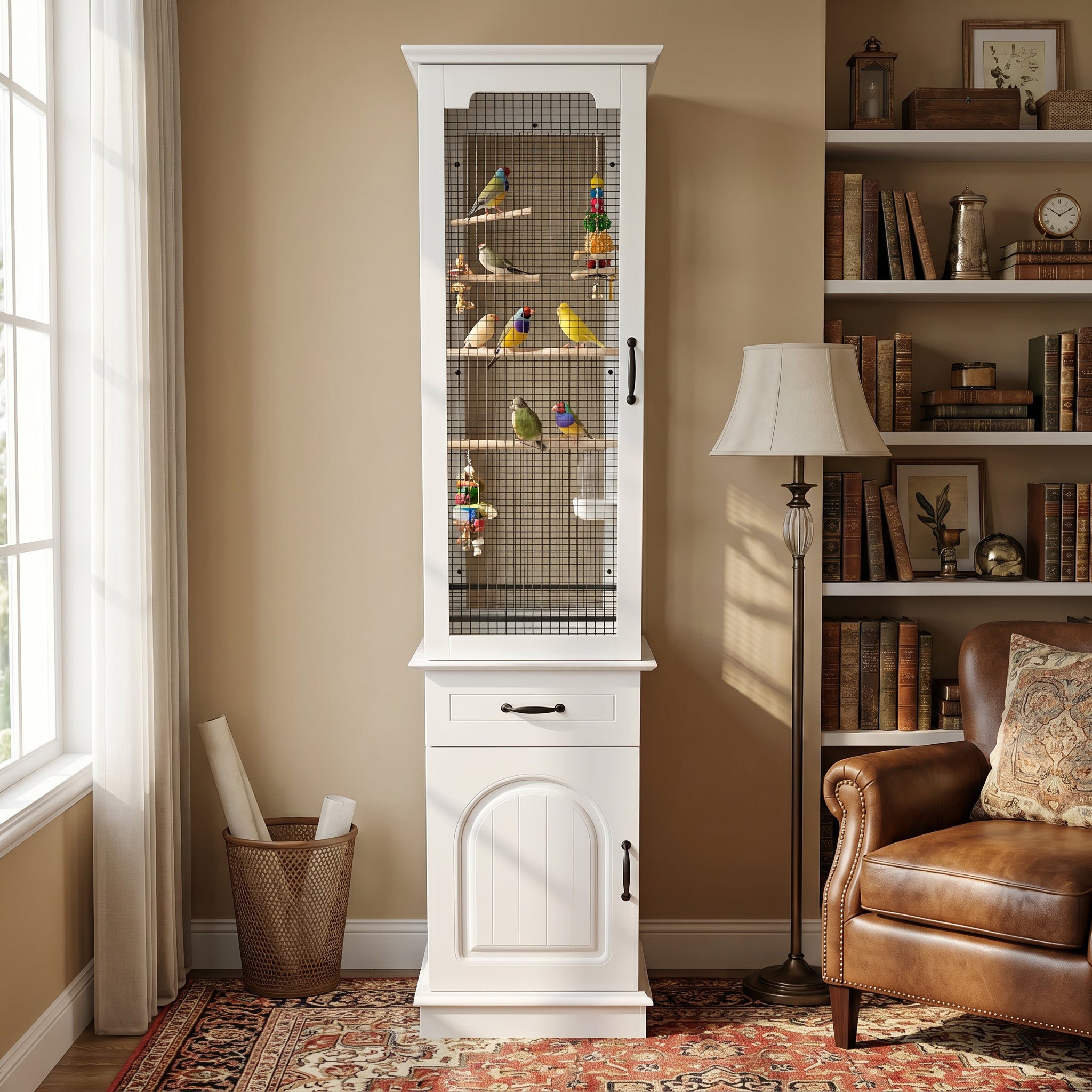 White birdcage with birds inside in a room with a bookshelf and chair.