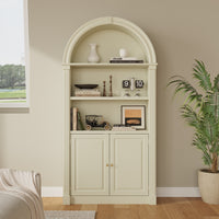 71" Mid-Century Milky Yellow Arched Bookcase with 5-Tier Shelves and Cabinet