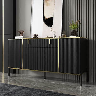 63 inches Modern White/Black Sideboard with Gold Legs and Fluted Doors, Buffet Cabinet for Entryway or Living Room