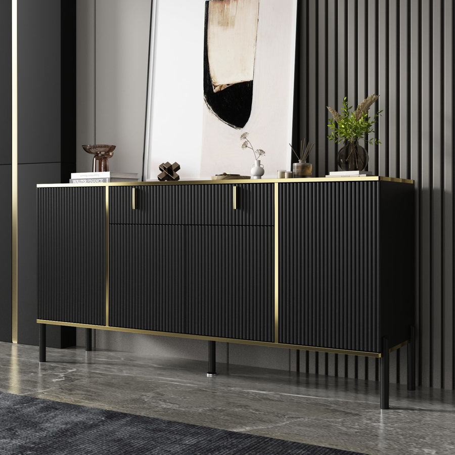 63" Modern White/Black Sideboard with Gold Legs and Fluted Doors, Buffet Cabinet for Entryway or Living Room