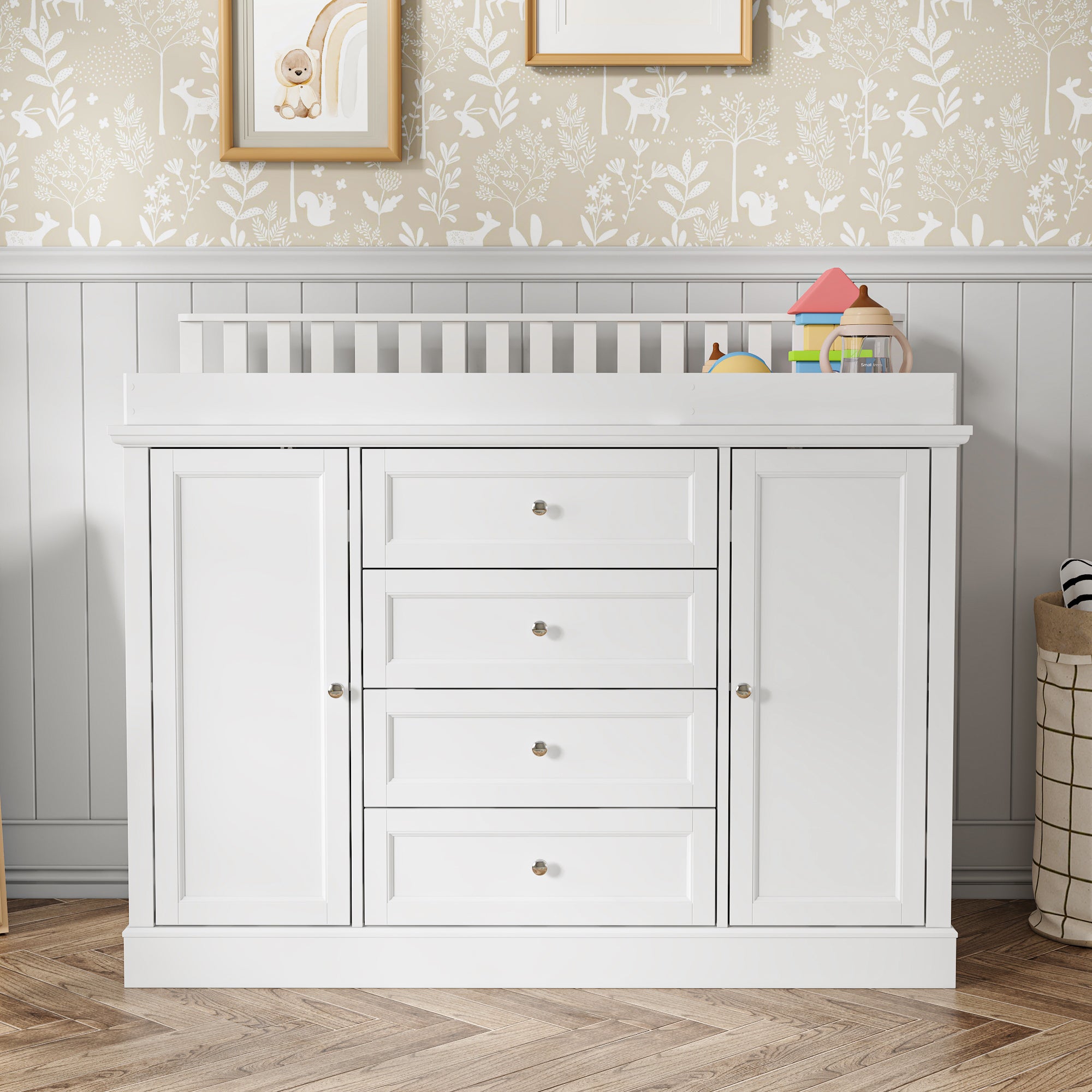 47.2" Wide White Changing Table Dresser With 2 Cabinets & 4 Drawers