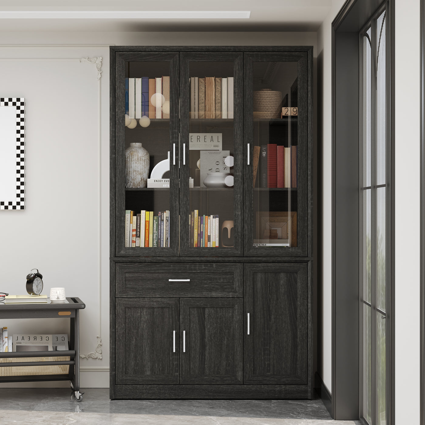 46" Modern Black Display Bookcase with Glass Doors & Drawer