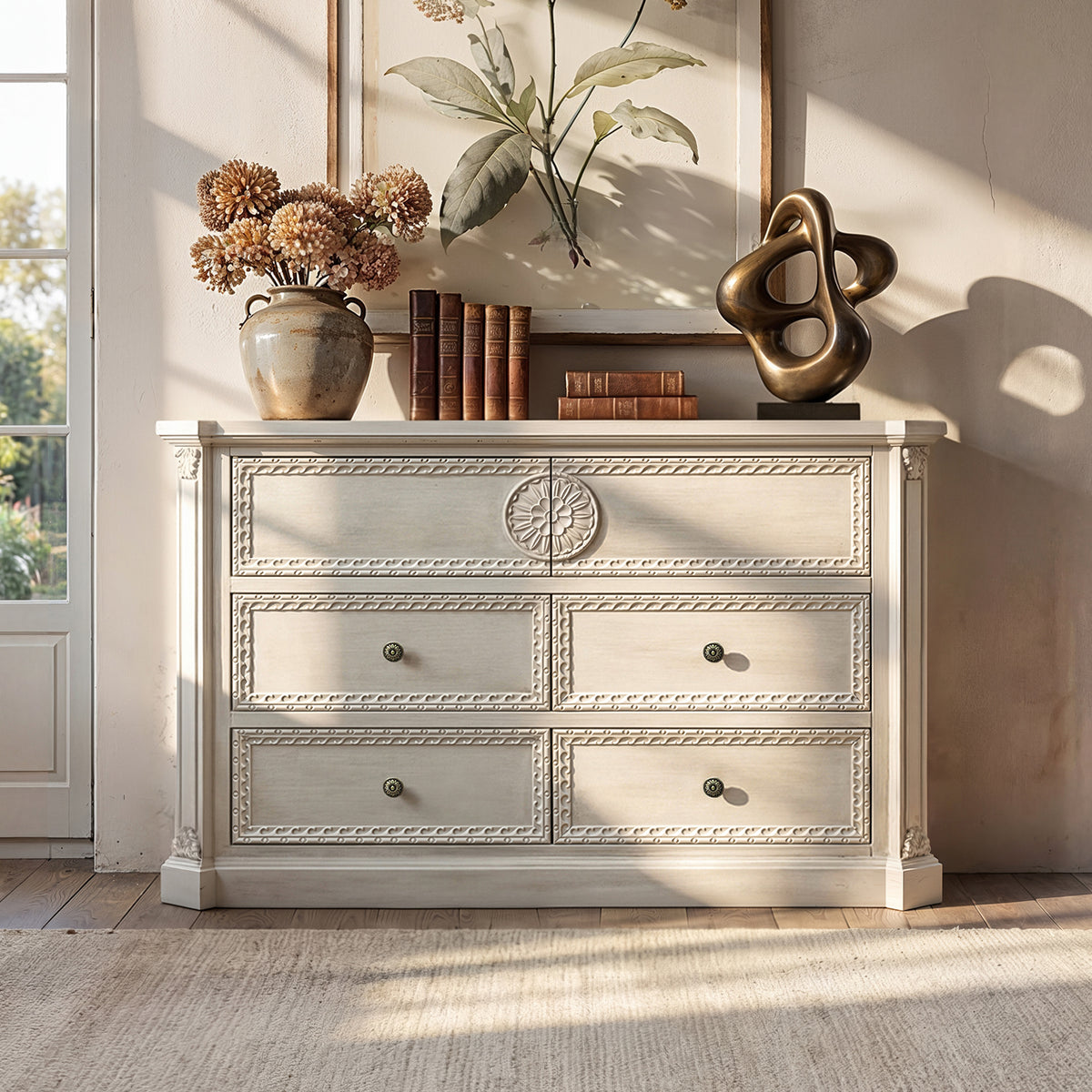 47.2" Solid Wood Chest of Drawers with Decorative Carving