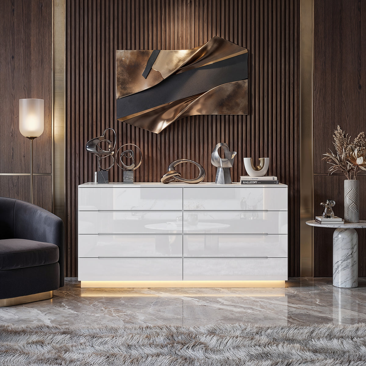 63" Modern White/Black 8 Drawer Double Dresser with High Gloss Drawers, Dual Chest Light