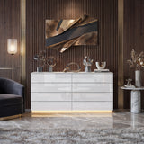 63" Modern White/Black 8 Drawer Double Dresser with High Gloss Drawers, Dual Chest Light