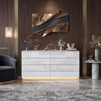 63" Modern White/Black 8 Drawer Double Dresser with High Gloss Drawers, Dual Chest Light