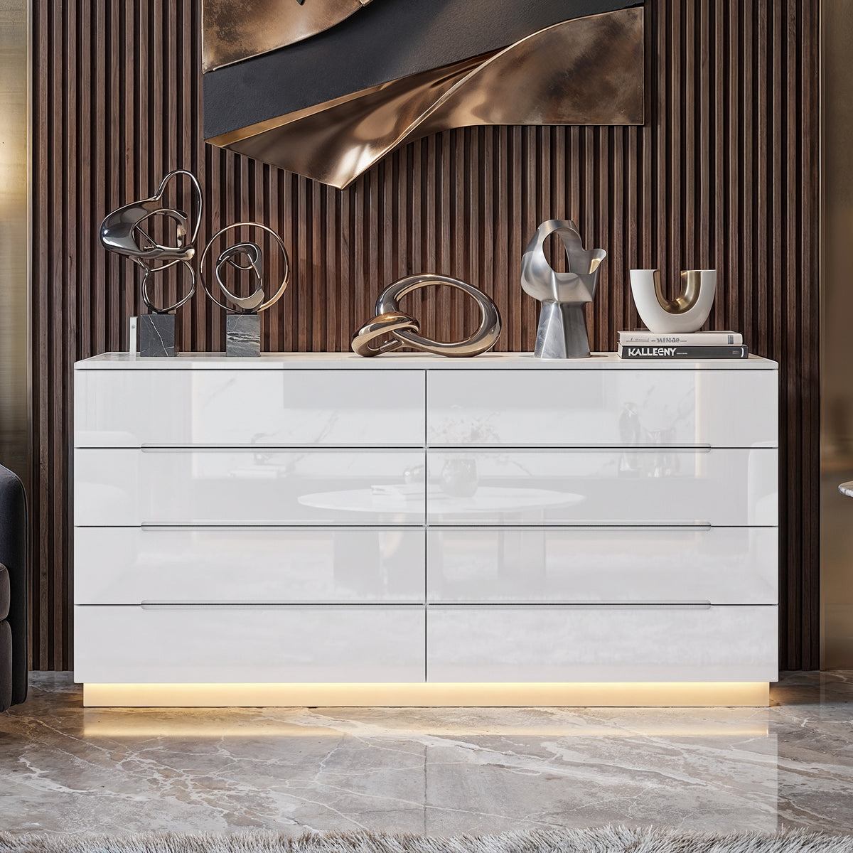 63" Modern White/Black 8 Drawer Double Dresser with High Gloss Drawers, Dual Chest Light