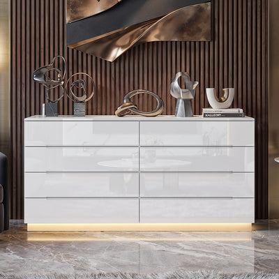 63" Modern White/Black 8 Drawer Double Dresser with High Gloss Drawers, Dual Chest Light