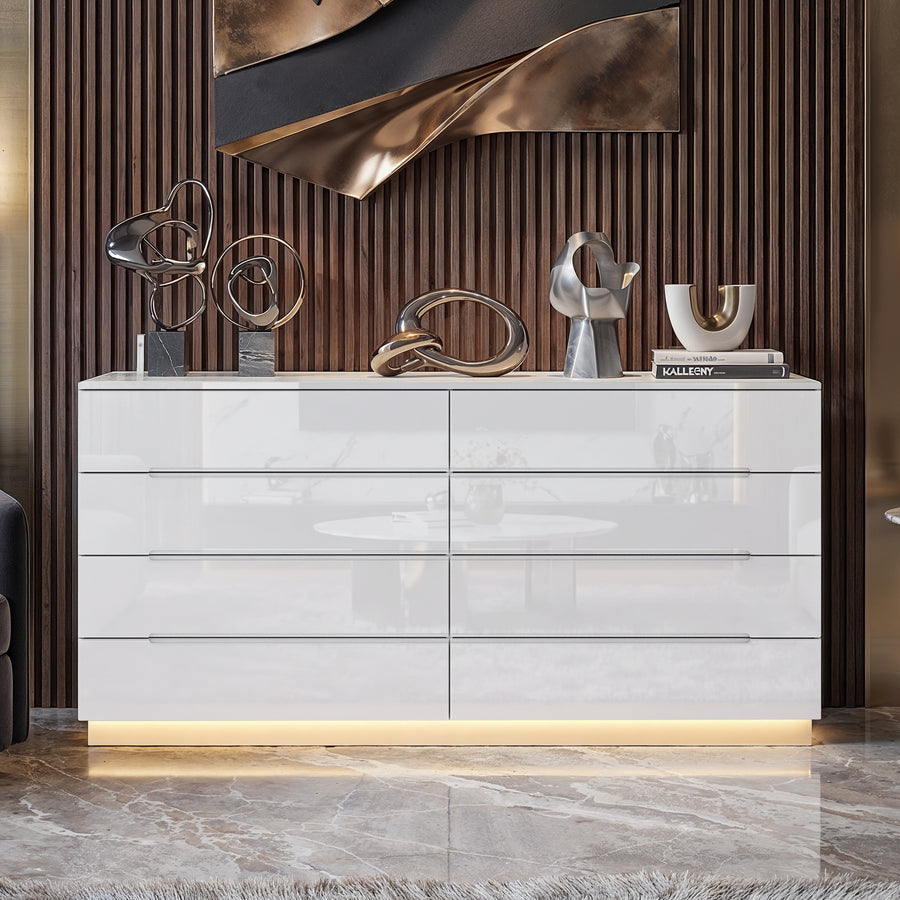 63" Modern White/Black 8 Drawer Double Dresser with High Gloss Drawers, Dual Chest Light