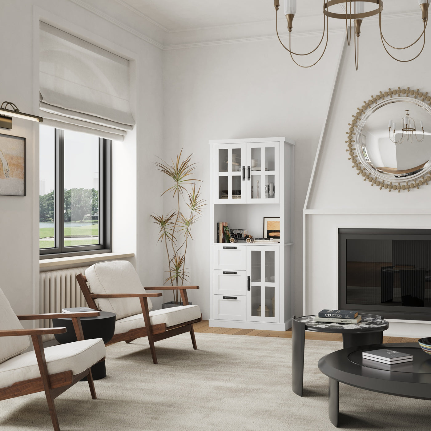 31.5" Contemporary White China Cabinet with Glass Doors & Drawers