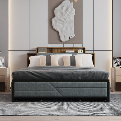 62.4" Modern Gray/Black Platform Bed with Storage Drawers and Power Outlet