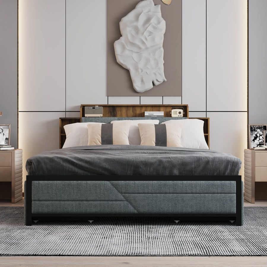62.4" Modern Gray/Black Platform Bed with Storage Drawers and Power Outlet