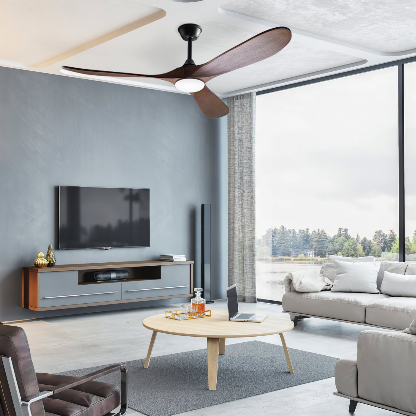 59.8" Modern Minimalist Ceiling Fan with Lights, Remote Control, 3 Reversible Wood Blades and 2 Down Rods