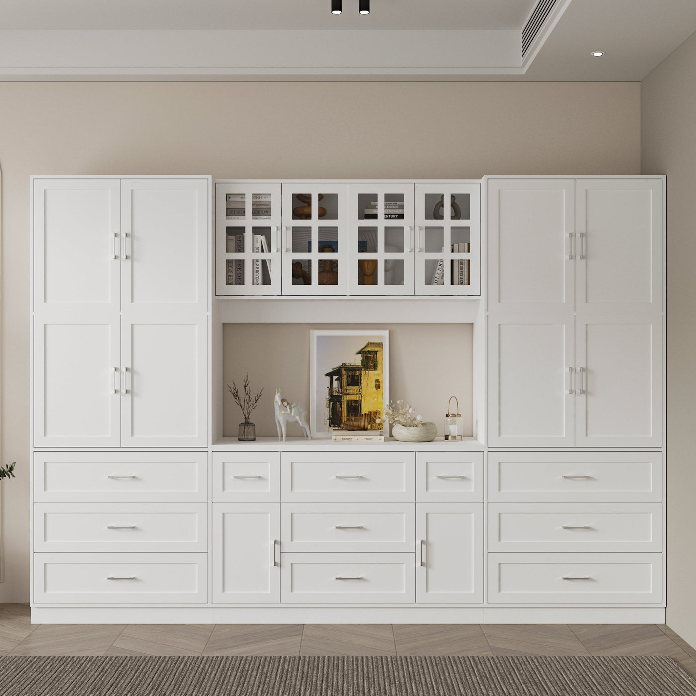 110.2" Modern White Bookcase with 11 Drawers and Glass Doors