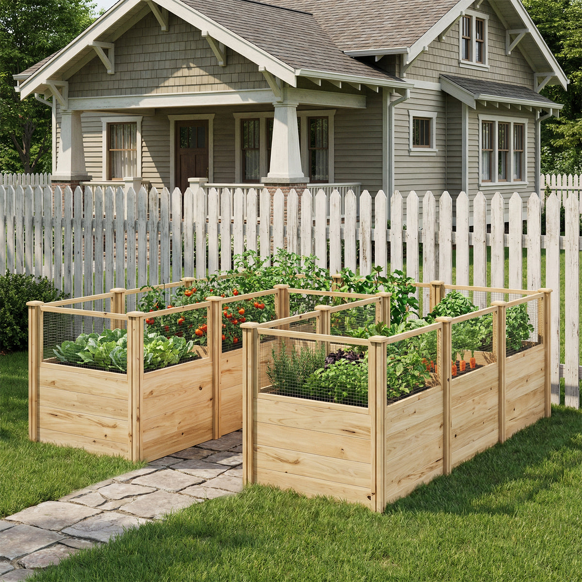 Wooden raised garden beds with plants in front of a house with a white picket fence