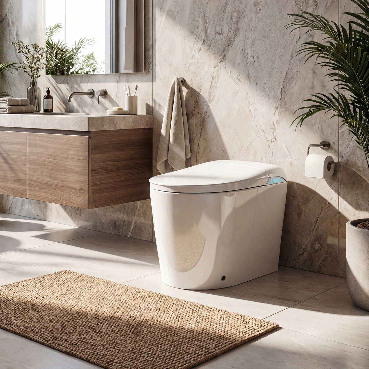 White smart toilet with automatic lid opening, foot kick flush, and foot kick seat opening