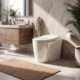 White smart toilet with automatic lid opening, foot kick flush, and foot kick seat opening