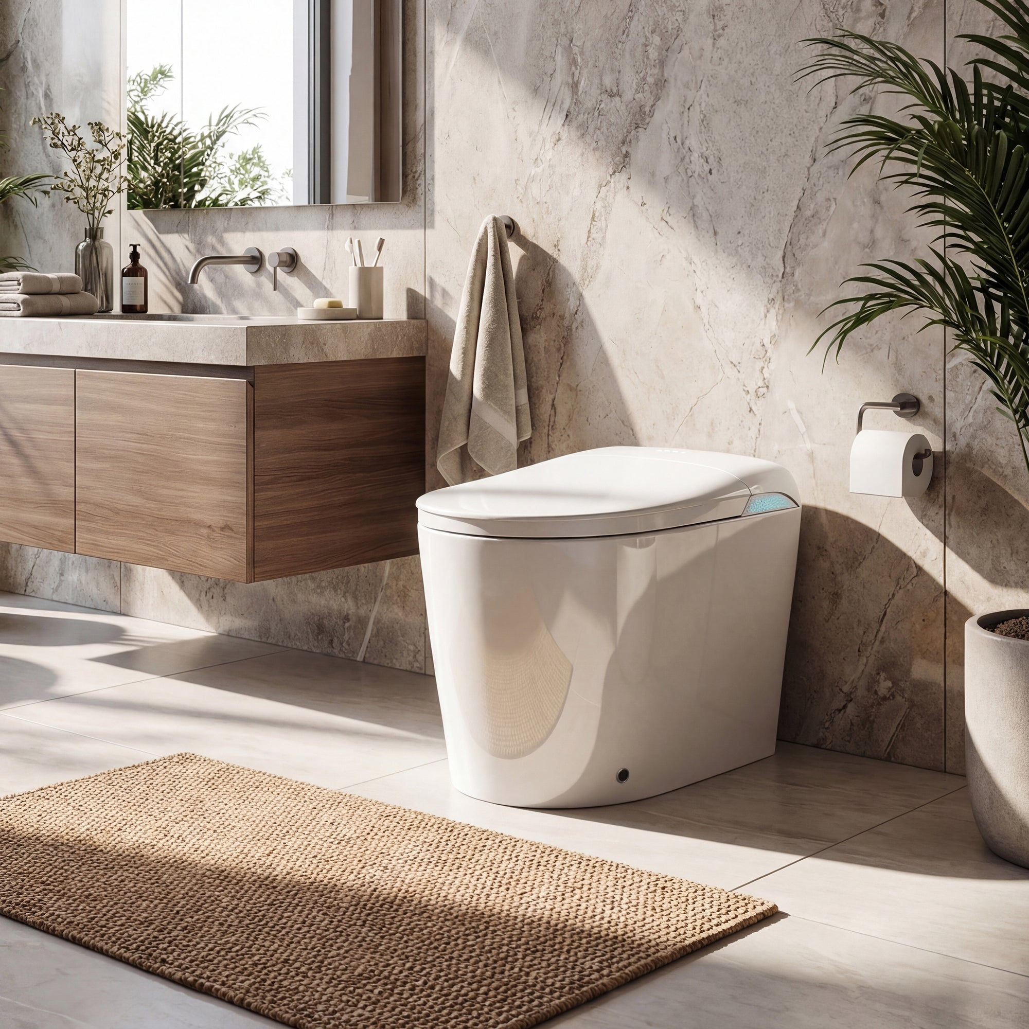 White smart toilet with automatic lid opening, foot kick flush, and foot kick seat opening