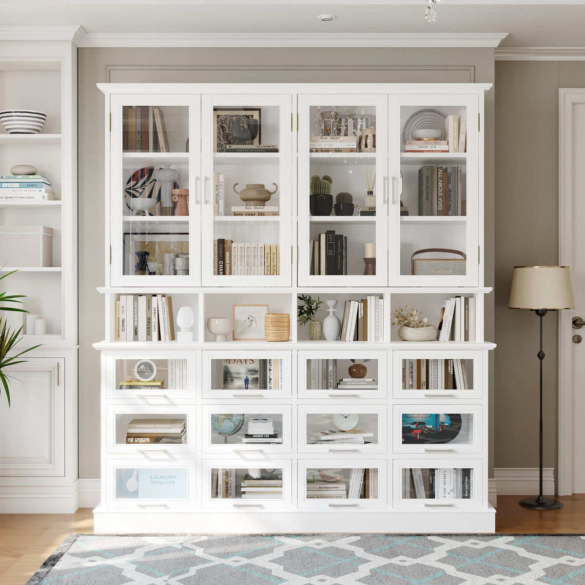 63" Modern White Display Bookcase Cabinet with Glass Doors