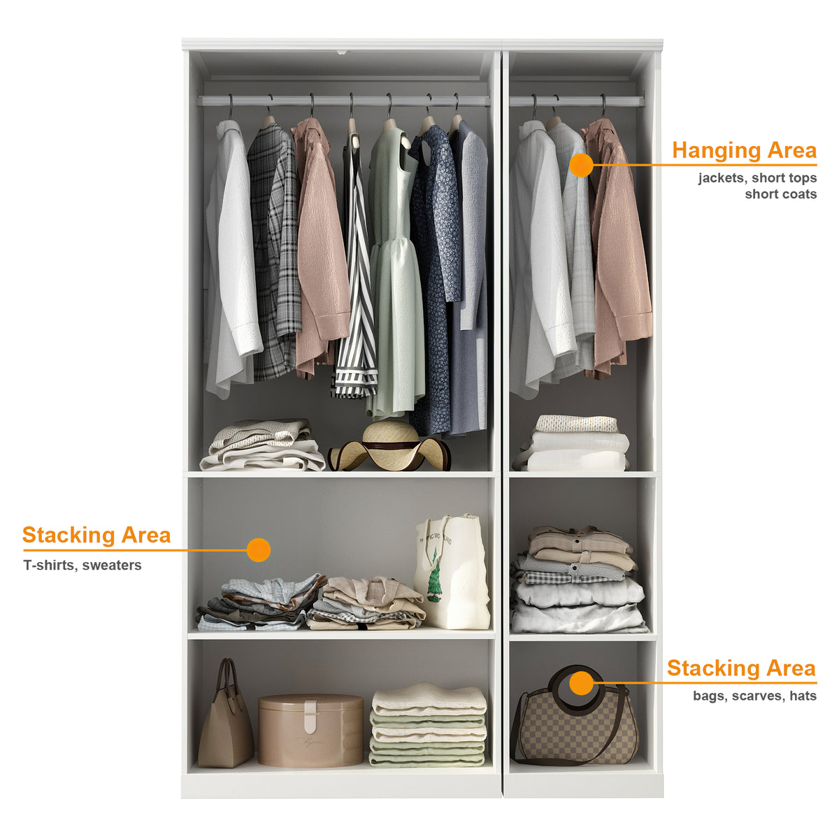 Rena 47.6" Luxe White Armoire with 6 Doors and 2 Hanging Rods