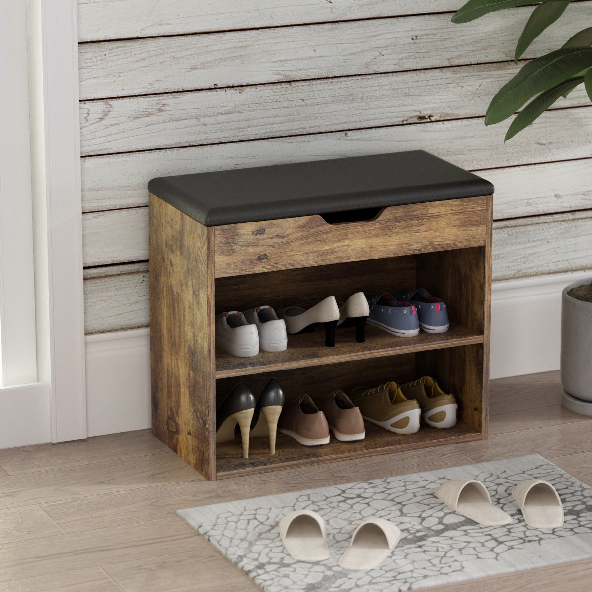 Shoe Storage Bench Shoe Rack Upholstered Pad with 2 Compartments