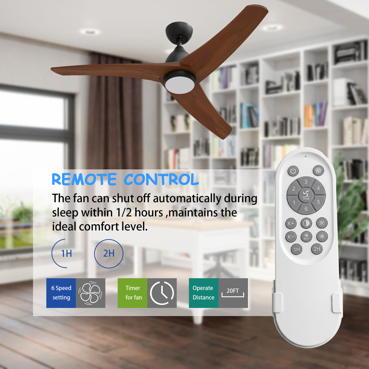 Ceiling fan with remote control in a room with bookshelves