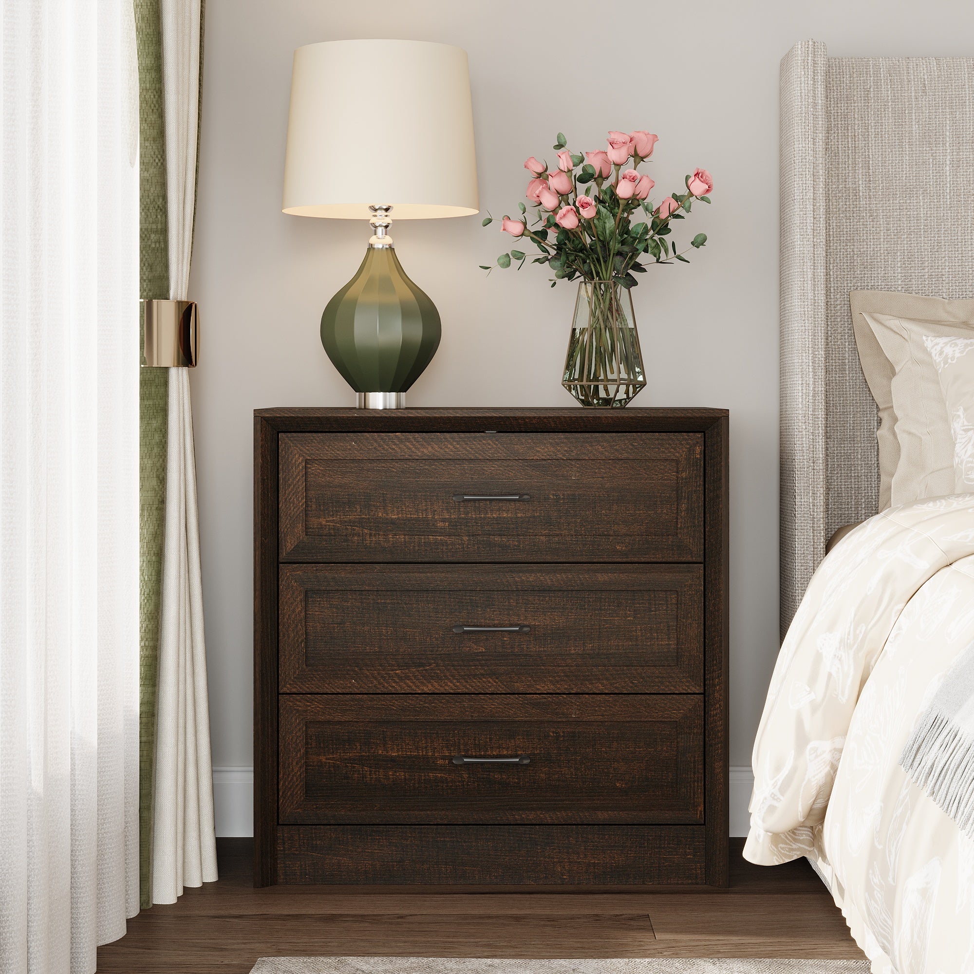 3-Drawer Nightstand With Wood Grain Finish
