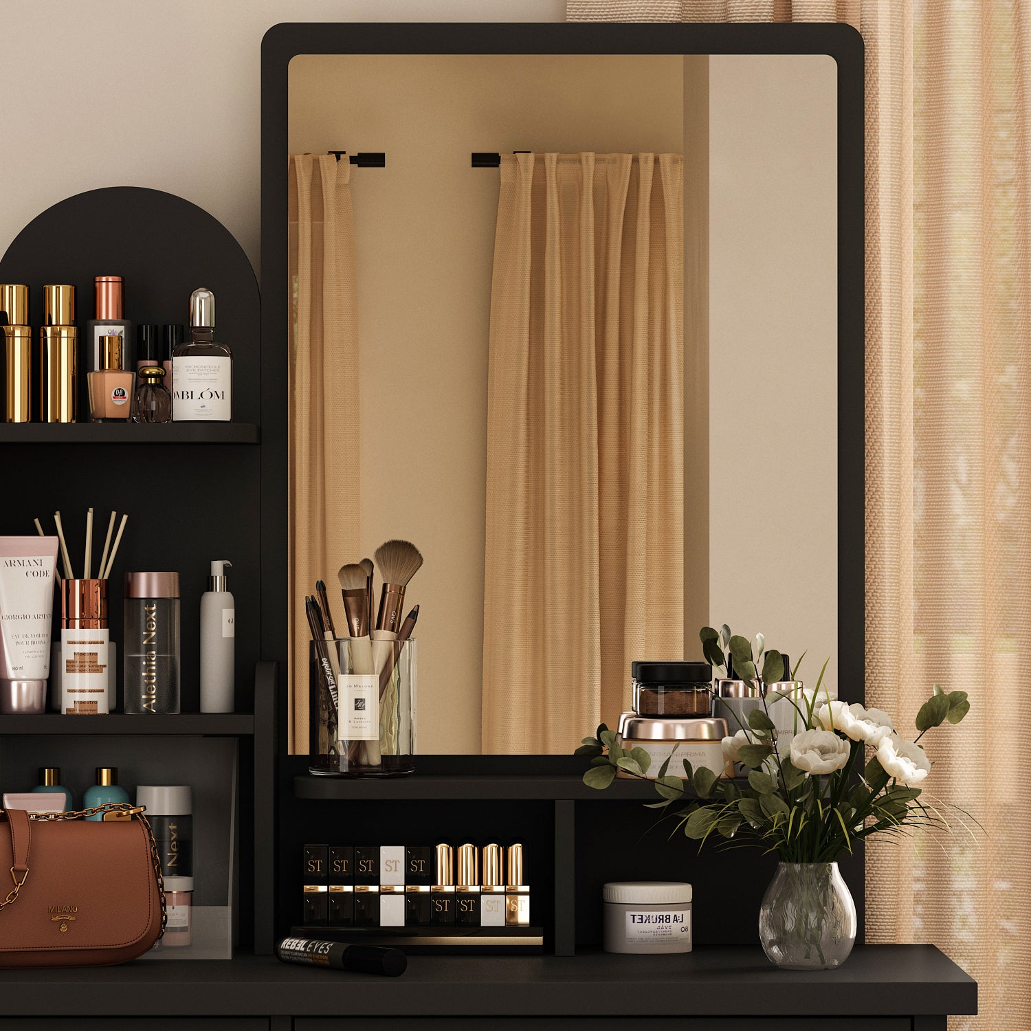 Modern Vanity Desk With Mirror, 5 Drawers, Shelves And Matching Stool, Makeup Dressing Table