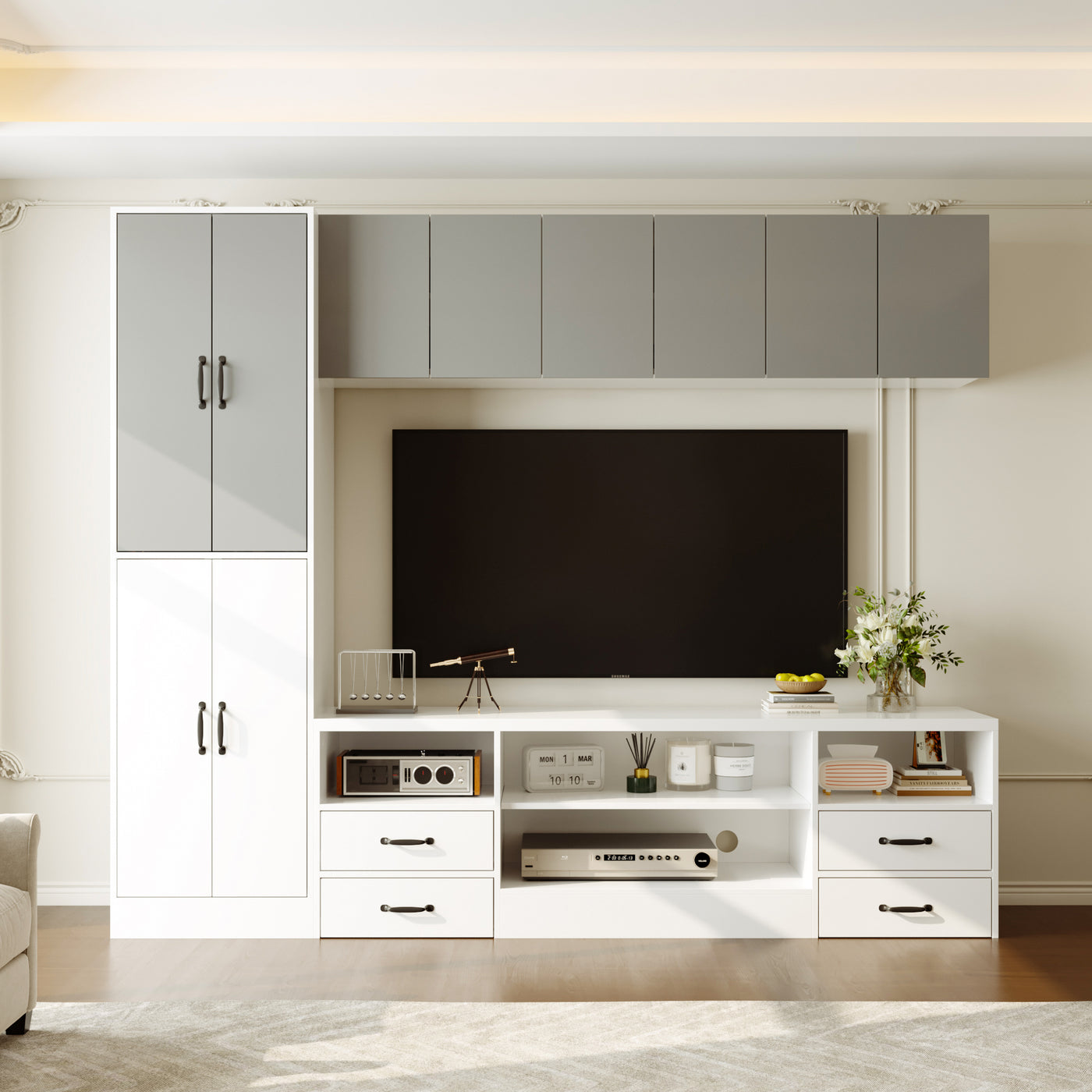 Modern living room with a television mounted on a wall unit.