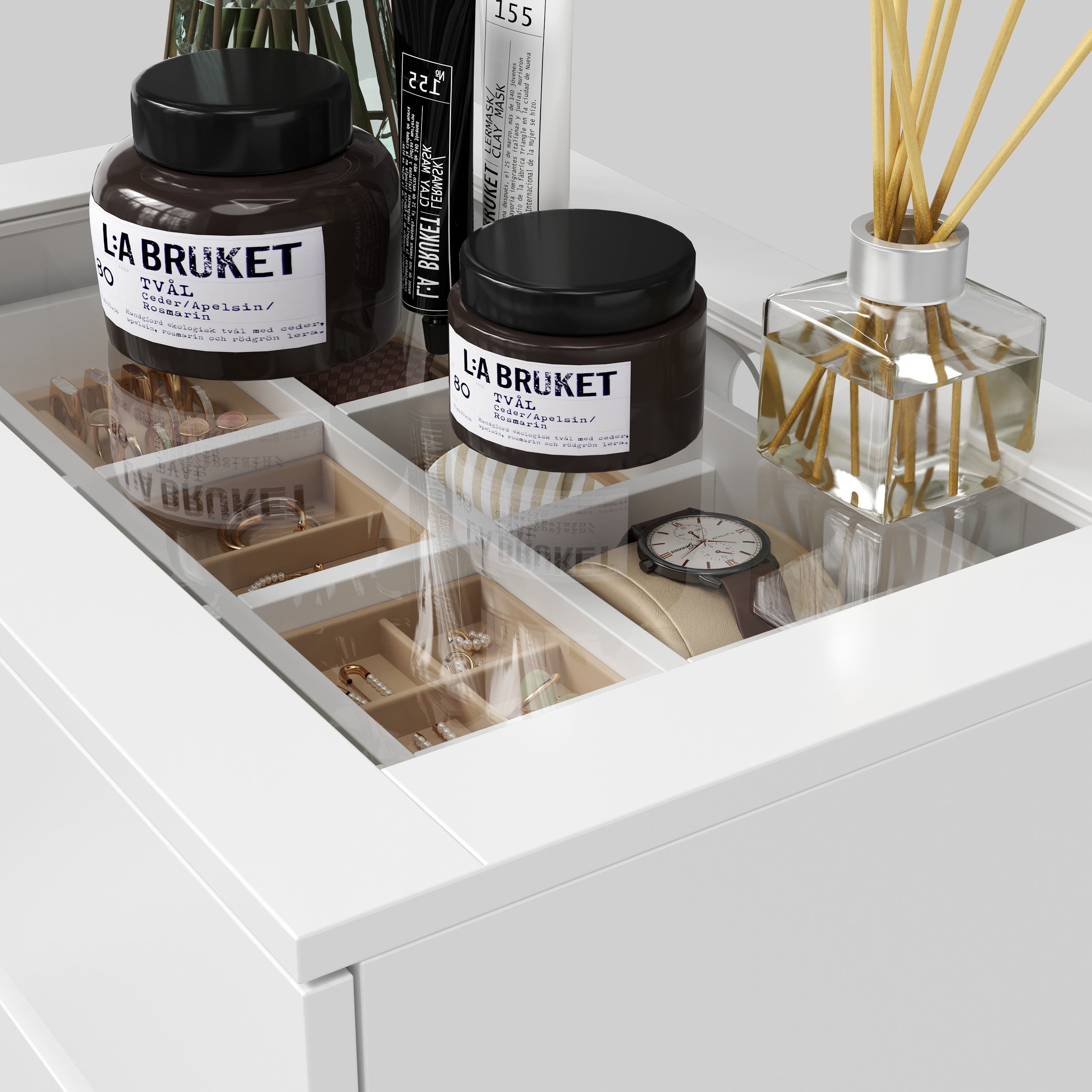 White dresser with jewelry organizer top and 4 drawers