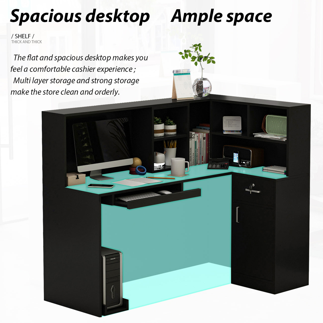 L-Shaped Reception Desk with Large Storage Filing Cabinets